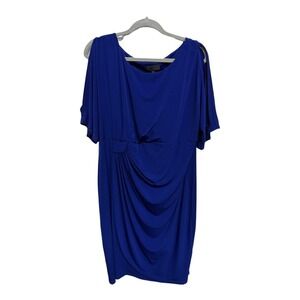Connected Apparel Slit Sleeve Faux Wrap Dress 18W Blue MIDI Length Office Church